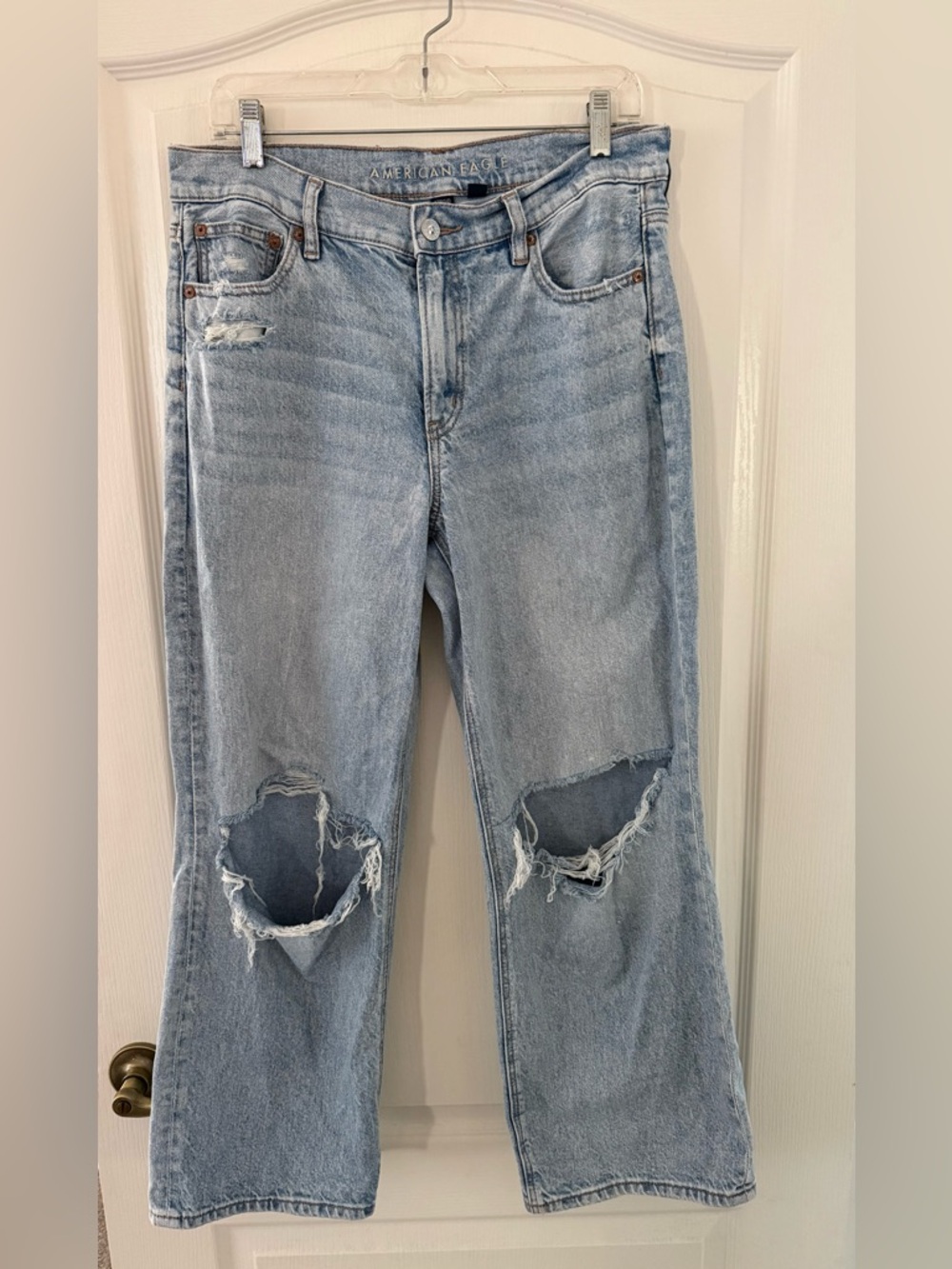 American Eagle Outfitters Light Blue Straight-Leg Ripped Jeans in size 10 short